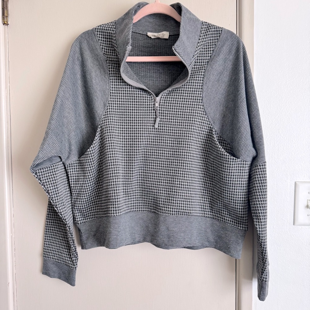 Doe & Rae Gray Houndstooth Mixed Plaid Quarter Zip Pullover Sweatshirt - Picture 2 of 7